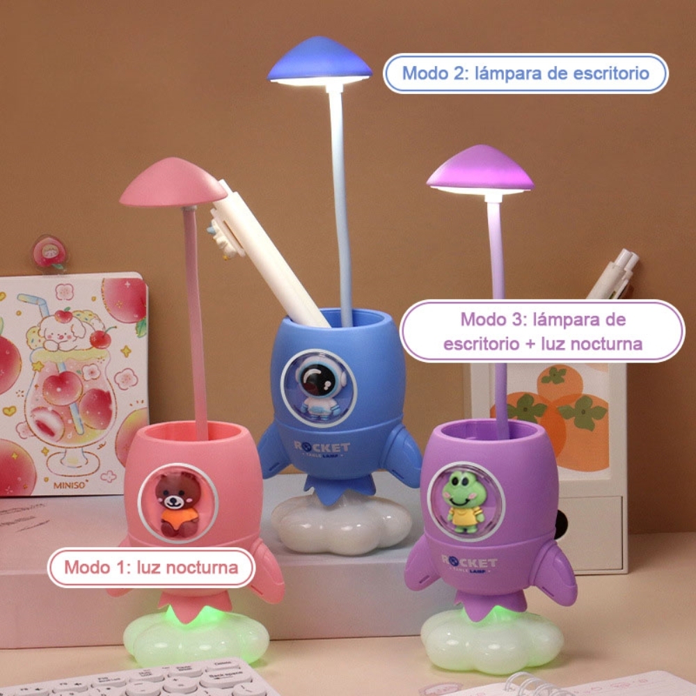 Lámpara escritorio dibujos animados para niños con portalápices, luz LED multifunción con modo cambio color, aprende a leer