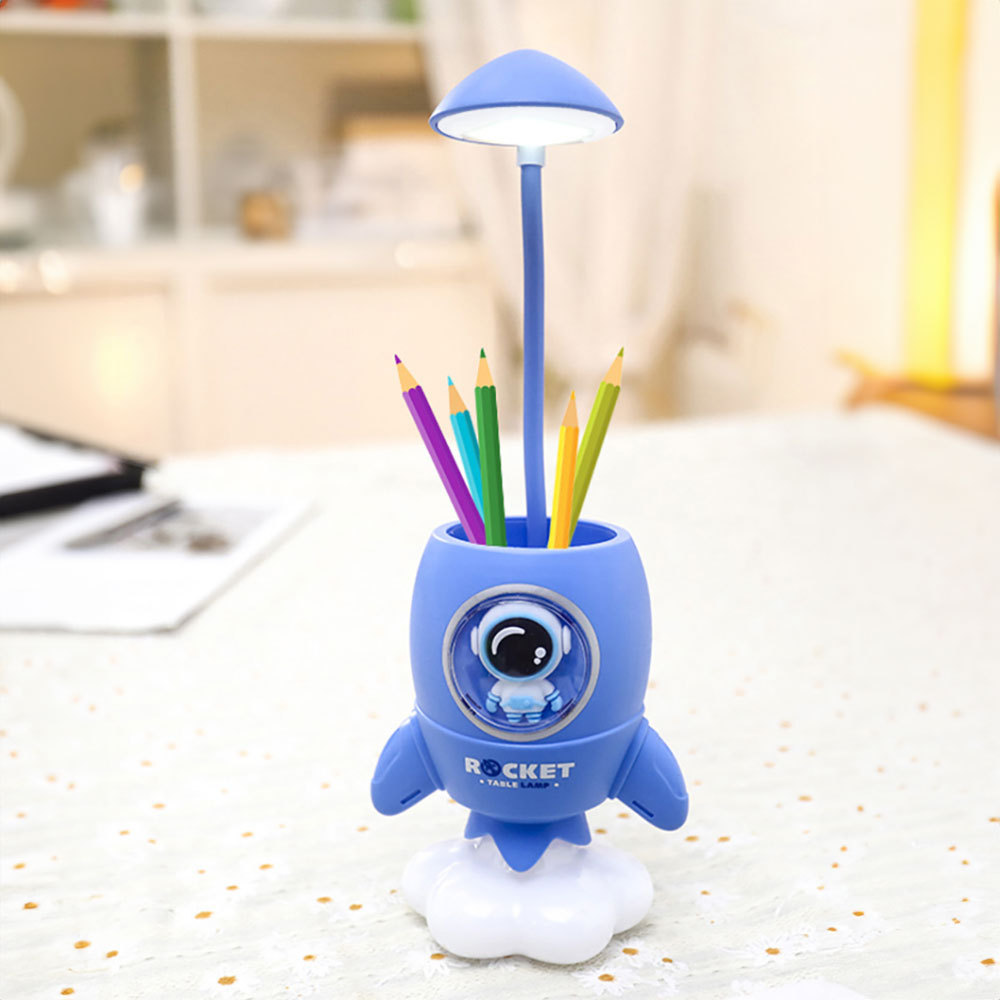 Lámpara escritorio dibujos animados para niños con portalápices, luz LED multifunción con modo cambio color, aprende a leer