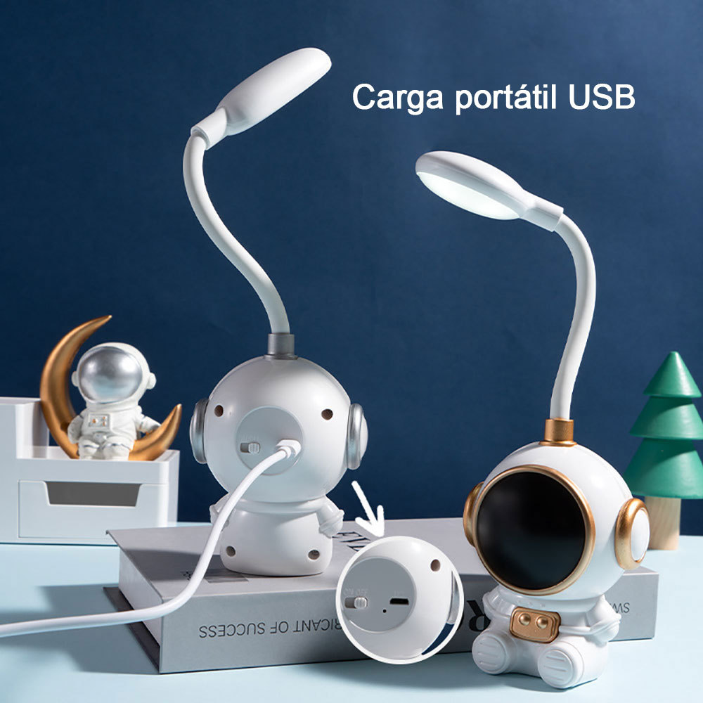 Lámpara mesa LED para niños con forma astronauta, recargable por USB, dos niveles brillo, para mesita noche o escritorio