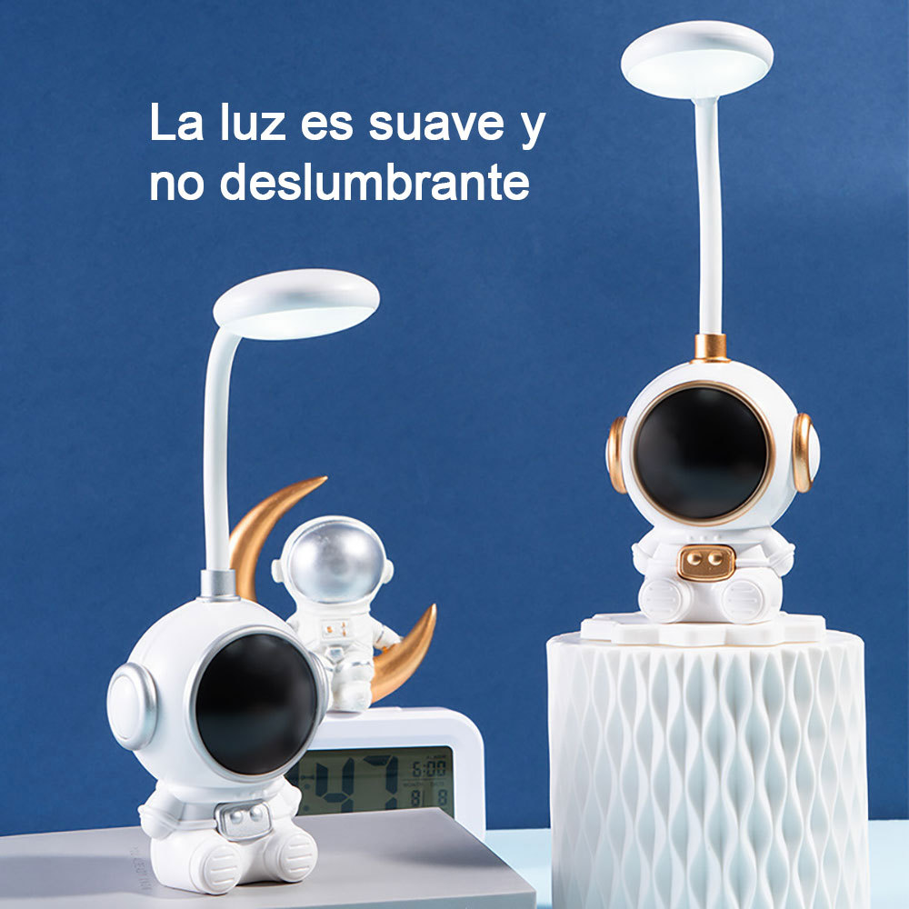 Lámpara mesa LED para niños con forma astronauta, recargable por USB, dos niveles brillo, para mesita noche o escritorio