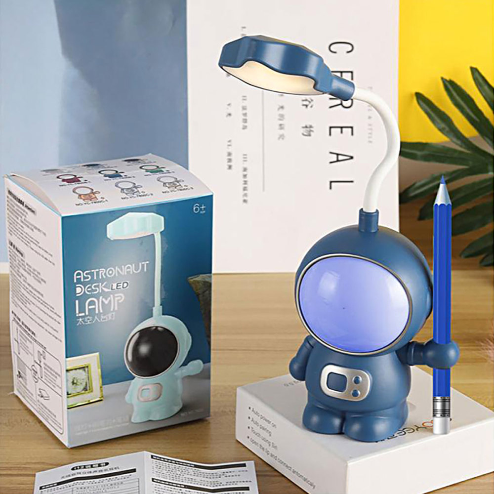 Lámpara escritorio LED multifunción para niños, luz nocturna USB con astronauta, con sacapuntas, 2 modos iluminación, adecuada para estudiar y trabajar