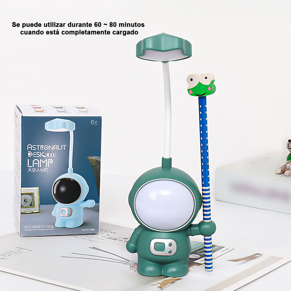 Lámpara escritorio LED multifunción para niños, luz nocturna USB con astronauta, con sacapuntas, 2 modos iluminación, adecuada para estudiar y trabajar