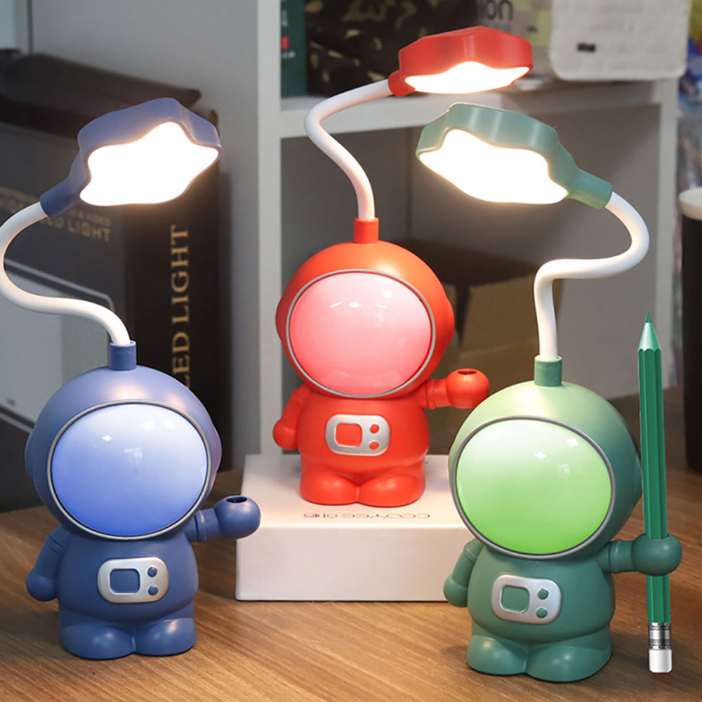 Lámpara escritorio LED multifunción para niños, luz nocturna USB con astronauta, con sacapuntas, 2 modos iluminación, adecuada para estudiar y trabajar