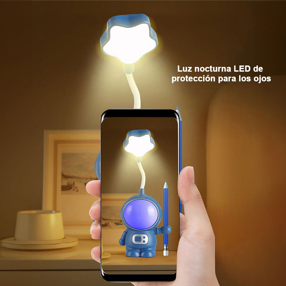 Lámpara escritorio LED multifunción para niños, luz nocturna USB con astronauta, con sacapuntas, 2 modos iluminación, adecuada para estudiar y trabajar