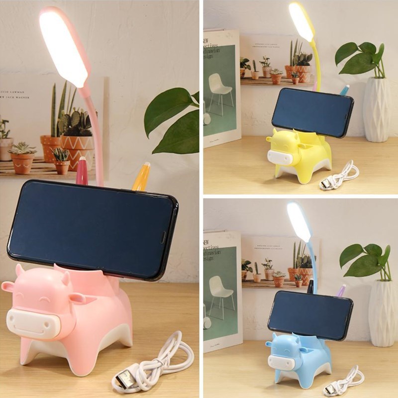 Lámpara de escritorio con carga USB, portalápices y soporte para teléfono móvil