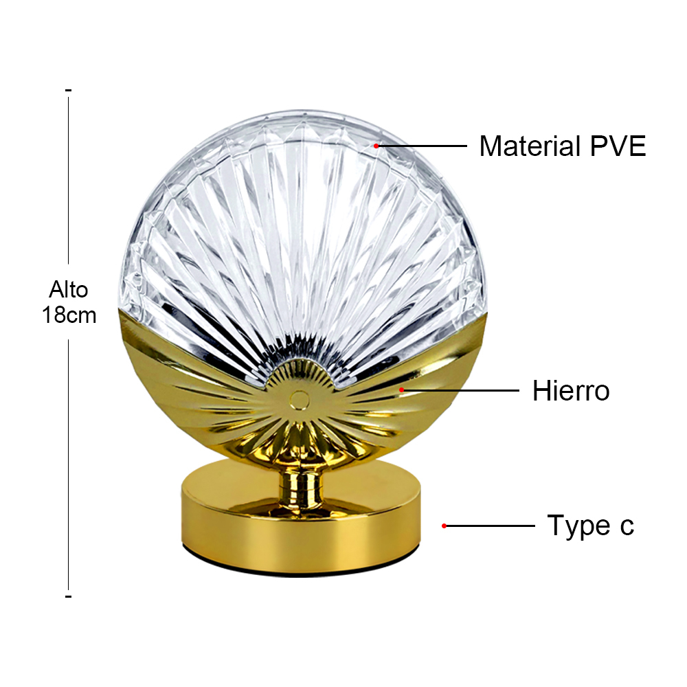 Lámpara de Mesa en Forma de Concha de Cristal LED con Base Metálica - Interruptor Táctil