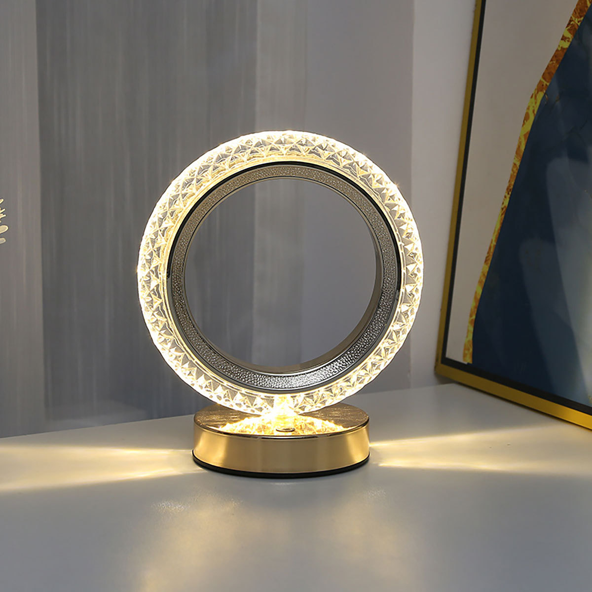 Lámpara de mesa LED con elegante diseño anular, con 3 ajustes de temperatura de color y interruptor táctil