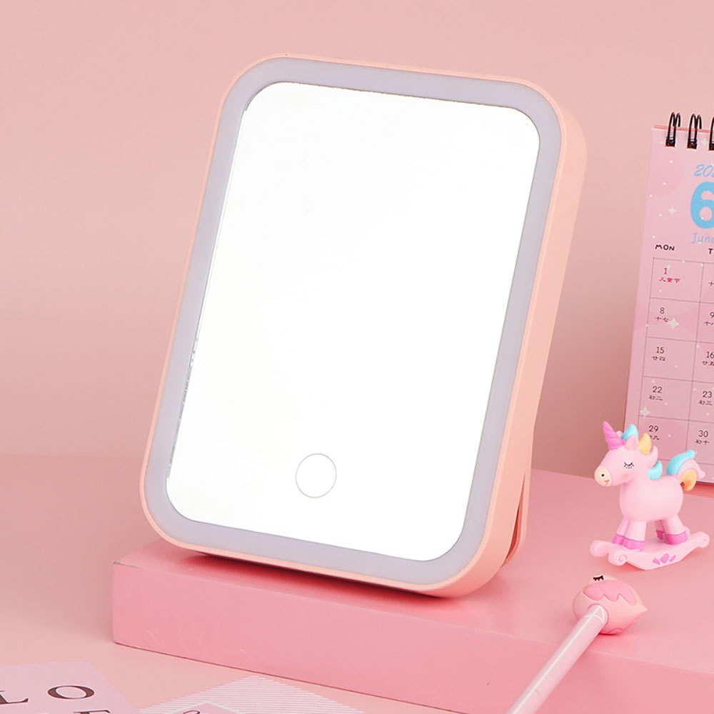1 espejo de maquillaje cuadrado portátil USB con luz LED, luz de tocador, espejo de control táctil iluminado, brillo ajustable para cosméticos, espejo de maquillaje de escritorio interior