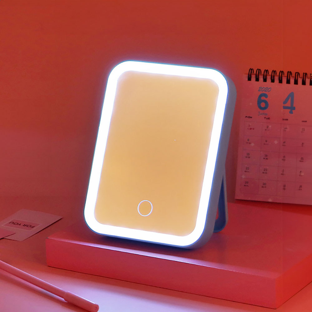 1 espejo de maquillaje cuadrado portátil USB con luz LED, luz de tocador, espejo de control táctil iluminado, brillo ajustable para cosméticos, espejo de maquillaje de escritorio interior