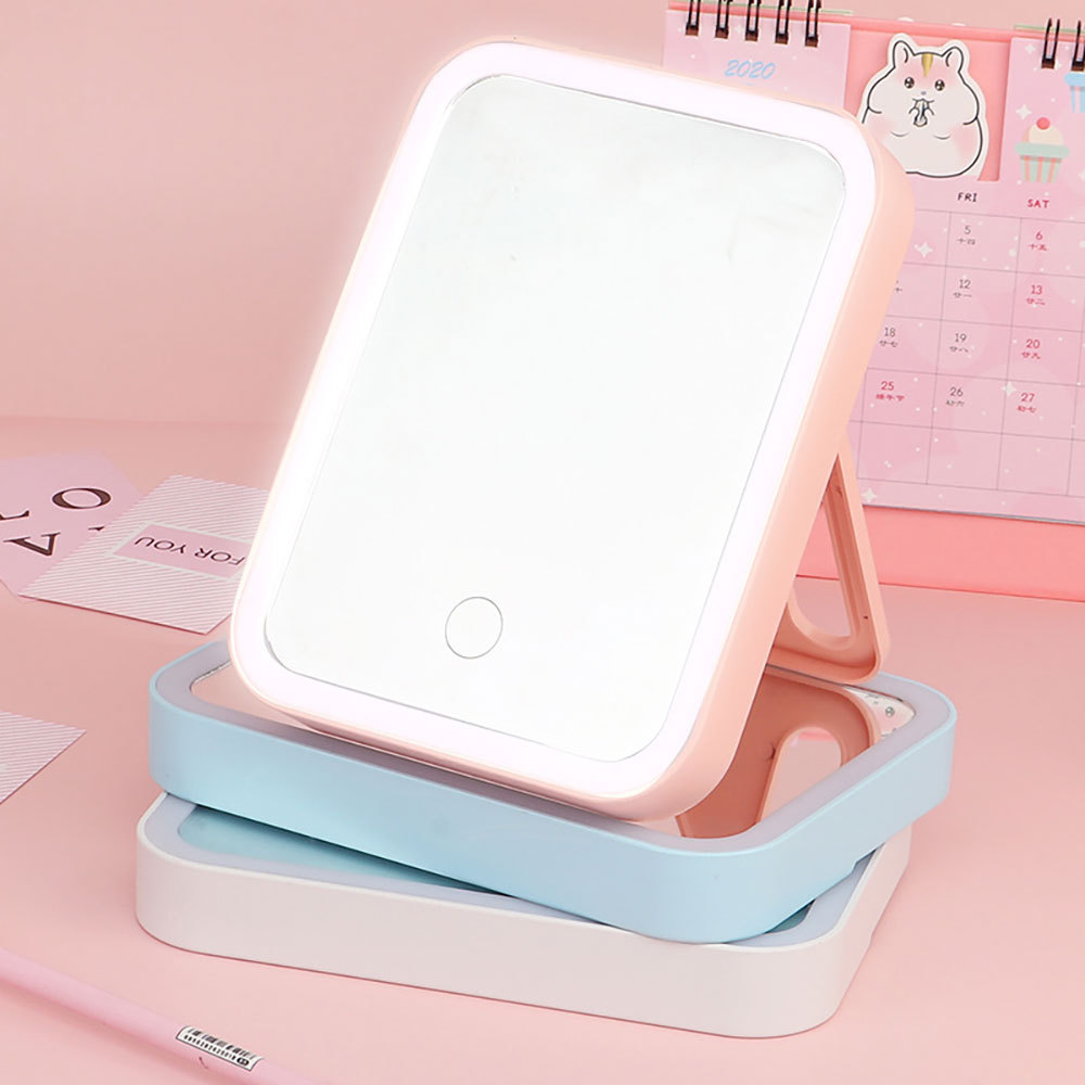 1 espejo de maquillaje cuadrado portátil USB con luz LED, luz de tocador, espejo de control táctil iluminado, brillo ajustable para cosméticos, espejo de maquillaje de escritorio interior