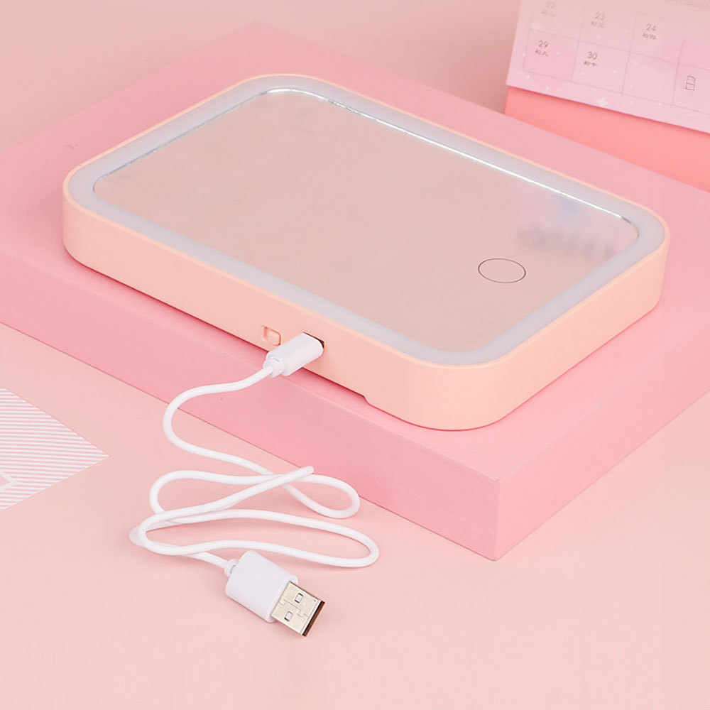 1 espejo de maquillaje cuadrado portátil USB con luz LED, luz de tocador, espejo de control táctil iluminado, brillo ajustable para cosméticos, espejo de maquillaje de escritorio interior