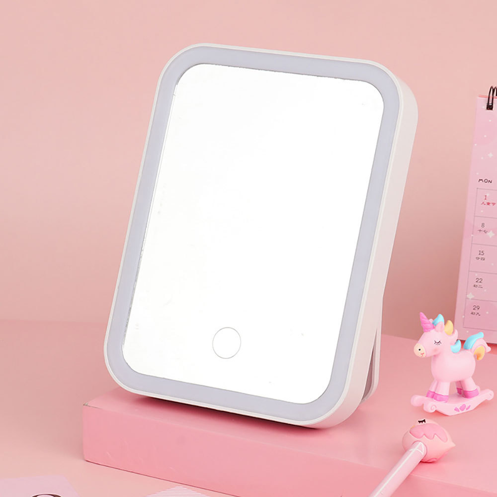 1 espejo de maquillaje cuadrado portátil USB con luz LED, luz de tocador, espejo de control táctil iluminado, brillo ajustable para cosméticos, espejo de maquillaje de escritorio interior