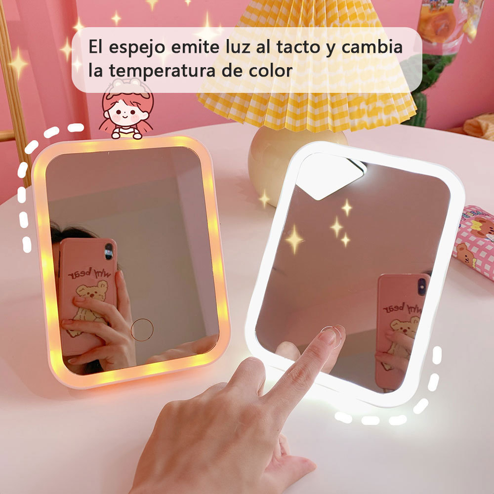 1 espejo de maquillaje cuadrado portátil USB con luz LED, luz de tocador, espejo de control táctil iluminado, brillo ajustable para cosméticos, espejo de maquillaje de escritorio interior
