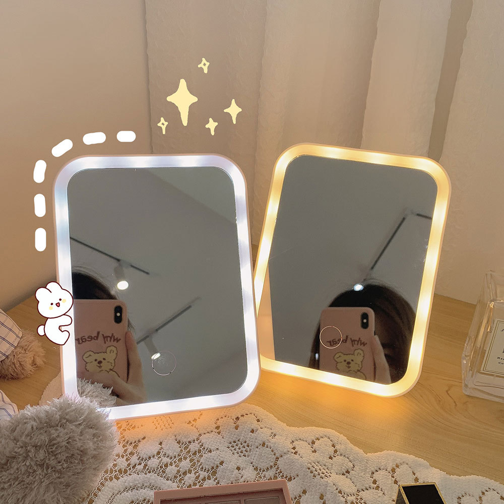 1 espejo de maquillaje cuadrado portátil USB con luz LED, luz de tocador, espejo de control táctil iluminado, brillo ajustable para cosméticos, espejo de maquillaje de escritorio interior