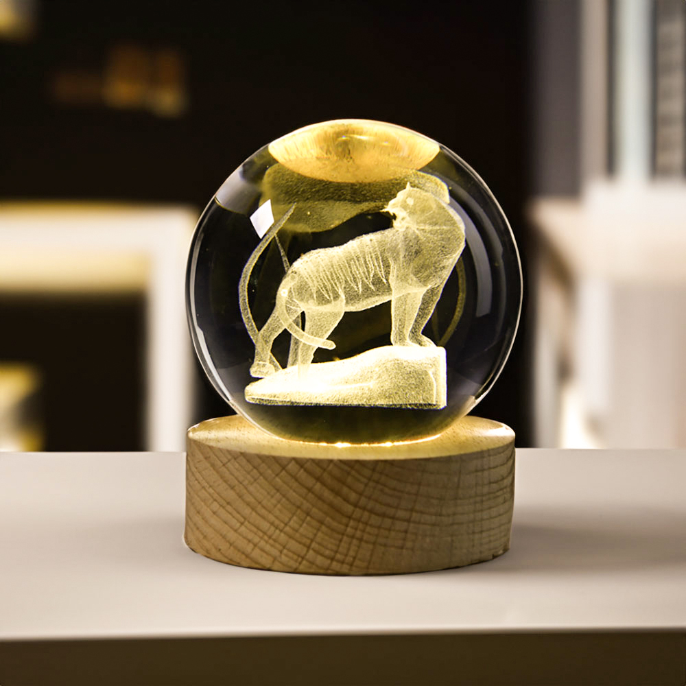 luz nocturna LED de bola de cristal tallado en madera en 3D, lámpara de ambiente para habitación/dormitorio