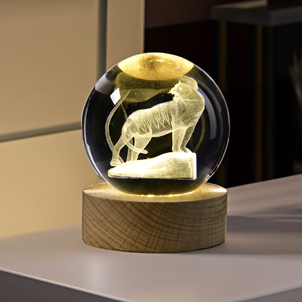 luz nocturna LED de bola de cristal tallado en madera en 3D, lámpara de ambiente para habitación/dormitorio