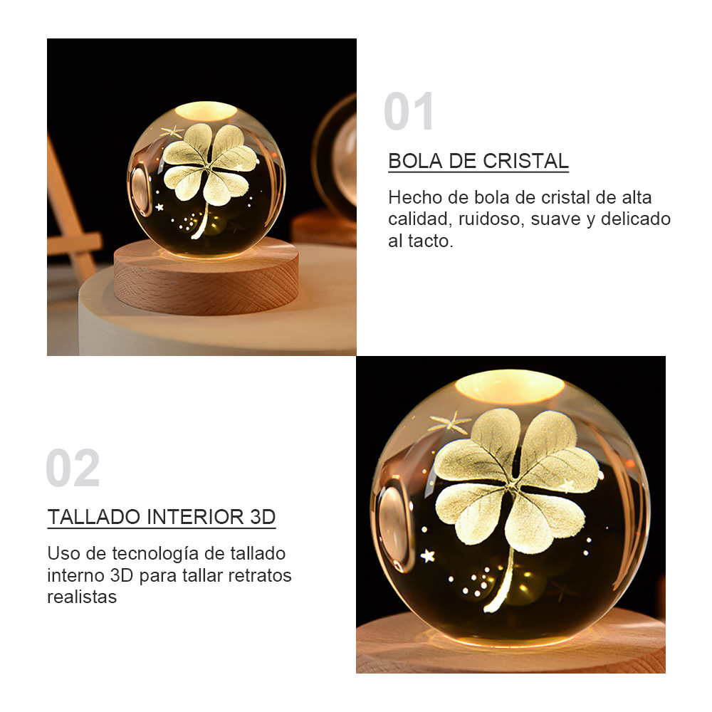 Decoración de escritorio creativa con luz nocturna de bola de cristal de trébol de cuatro hojas