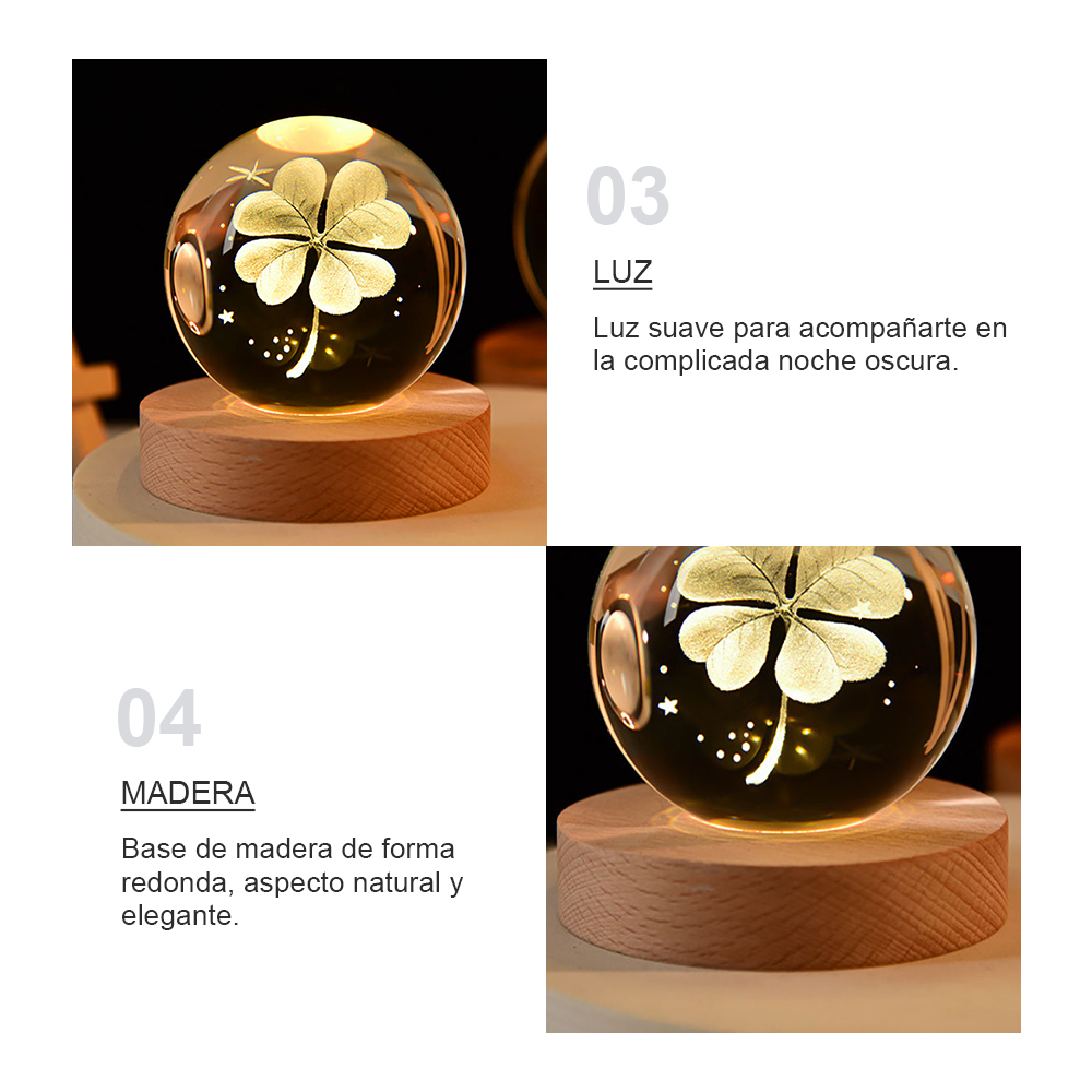 Decoración de escritorio creativa con luz nocturna de bola de cristal de trébol de cuatro hojas