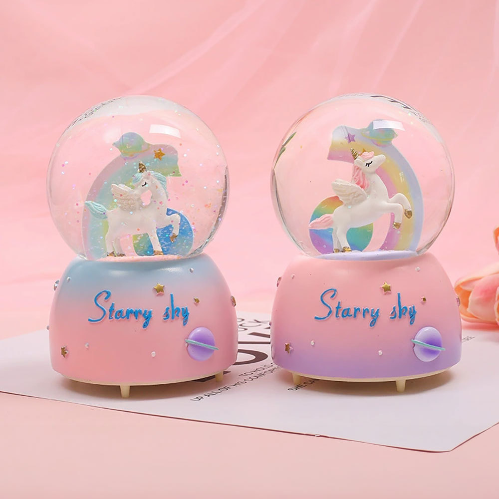Caja música con forma bola cristal de unicornio y luz copo nieve, regalo cumpleaños para mujer, decoración del hogar