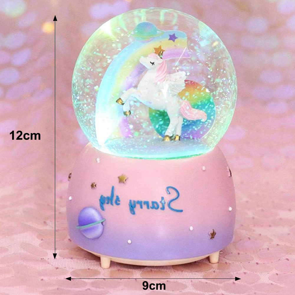Caja música con forma bola cristal de unicornio y luz copo nieve, regalo cumpleaños para mujer, decoración del hogar