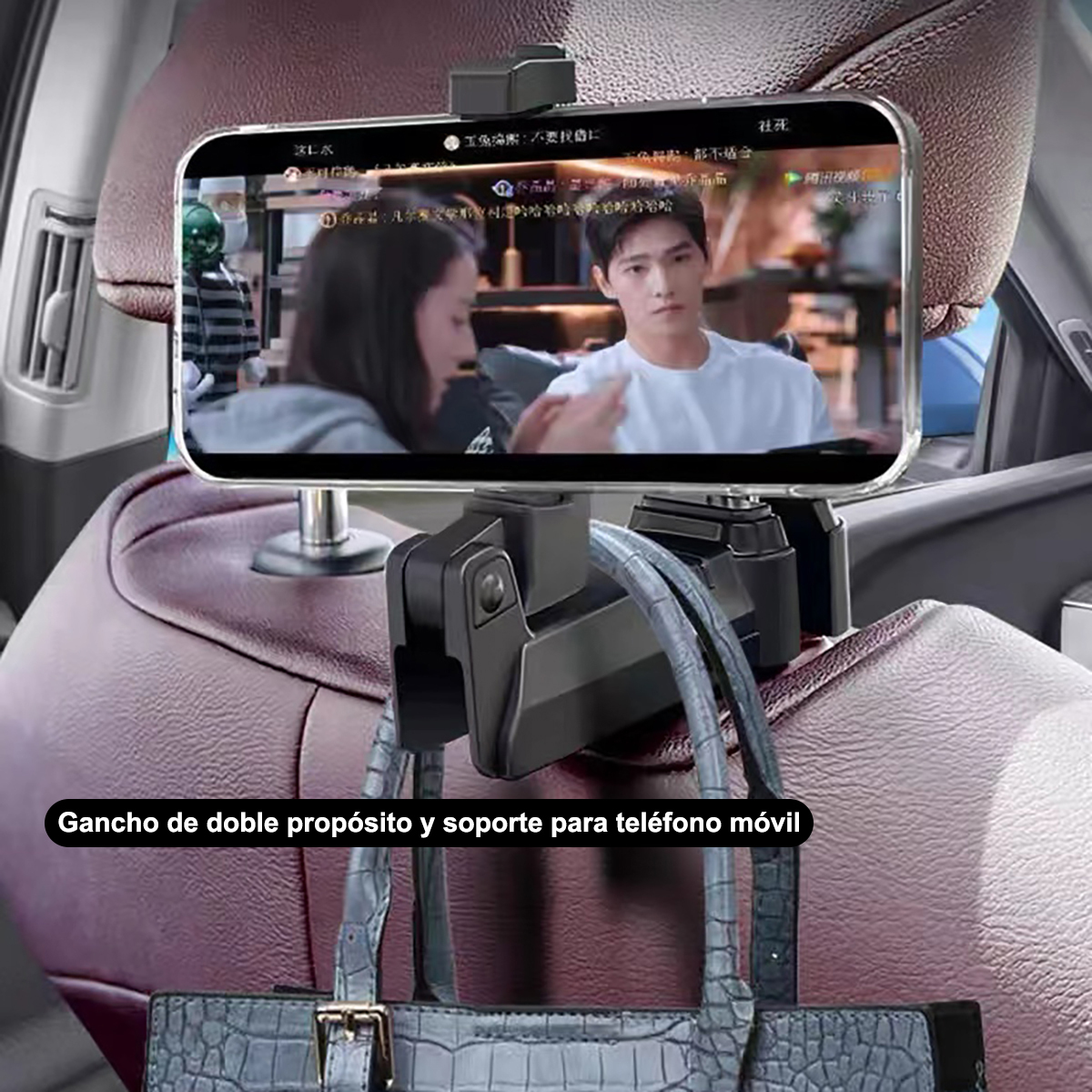 Soporte para teléfono móvil para reposacabezas coche, rotación 360° ajustable, gancho oculto multifuncional para asiento coche