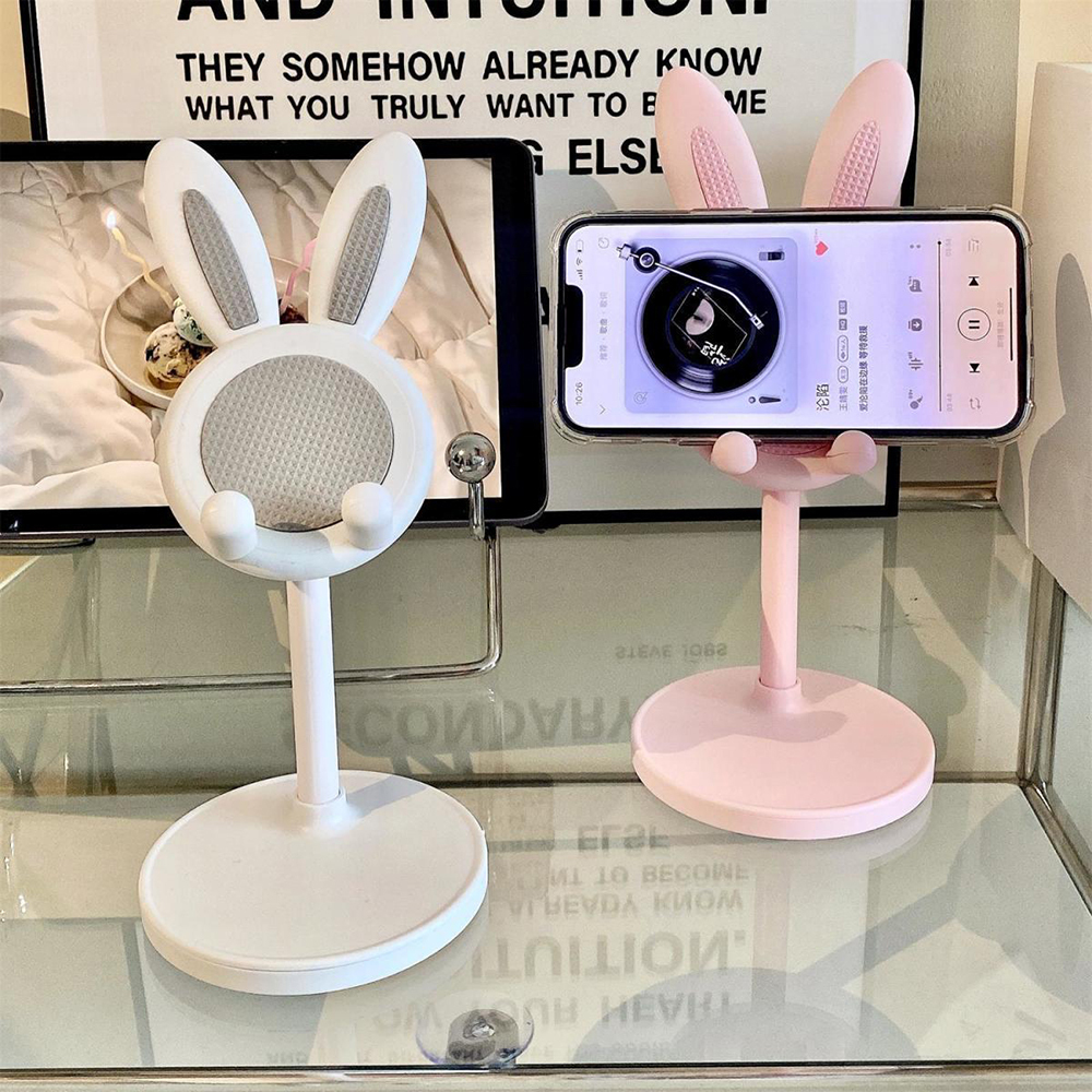 Soporte para teléfono móvil ajustable con forma de conejo y soporte para transmisión en vivo, soporte para teléfono móvil portátil y ajustable, altura ajustable, decoración de escritorio, compatible con la mayoría de los teléfonos inteligentes