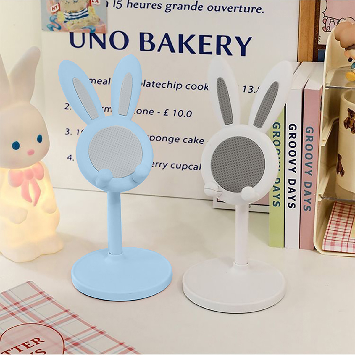 Soporte para teléfono móvil ajustable con forma de conejo y soporte para transmisión en vivo, soporte para teléfono móvil portátil y ajustable, altura ajustable, decoración de escritorio, compatible con la mayoría de los teléfonos inteligentes