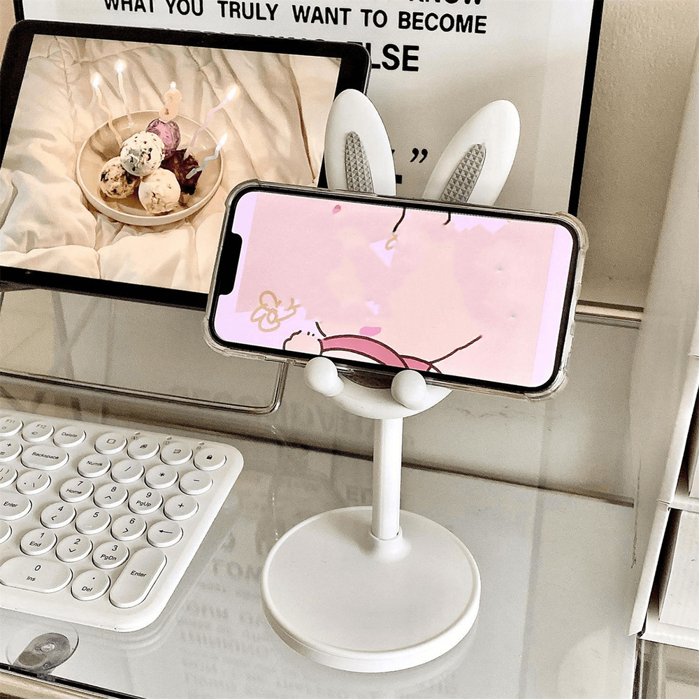 Soporte para teléfono móvil ajustable con forma de conejo y soporte para transmisión en vivo, soporte para teléfono móvil portátil y ajustable, altura ajustable, decoración de escritorio, compatible con la mayoría de los teléfonos inteligentes