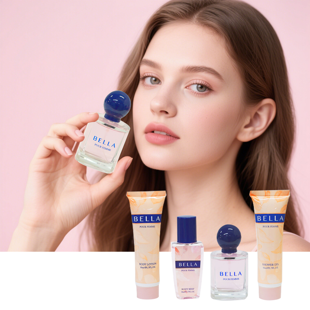 Set de cuidado de perfumes,perfume de 50ml, perfume corporal de 50ml, loción corporal de 50ml y gel de baño de 50ml. Es perfecto para el uso diario, como vacaciones románticas o reuniones sociales