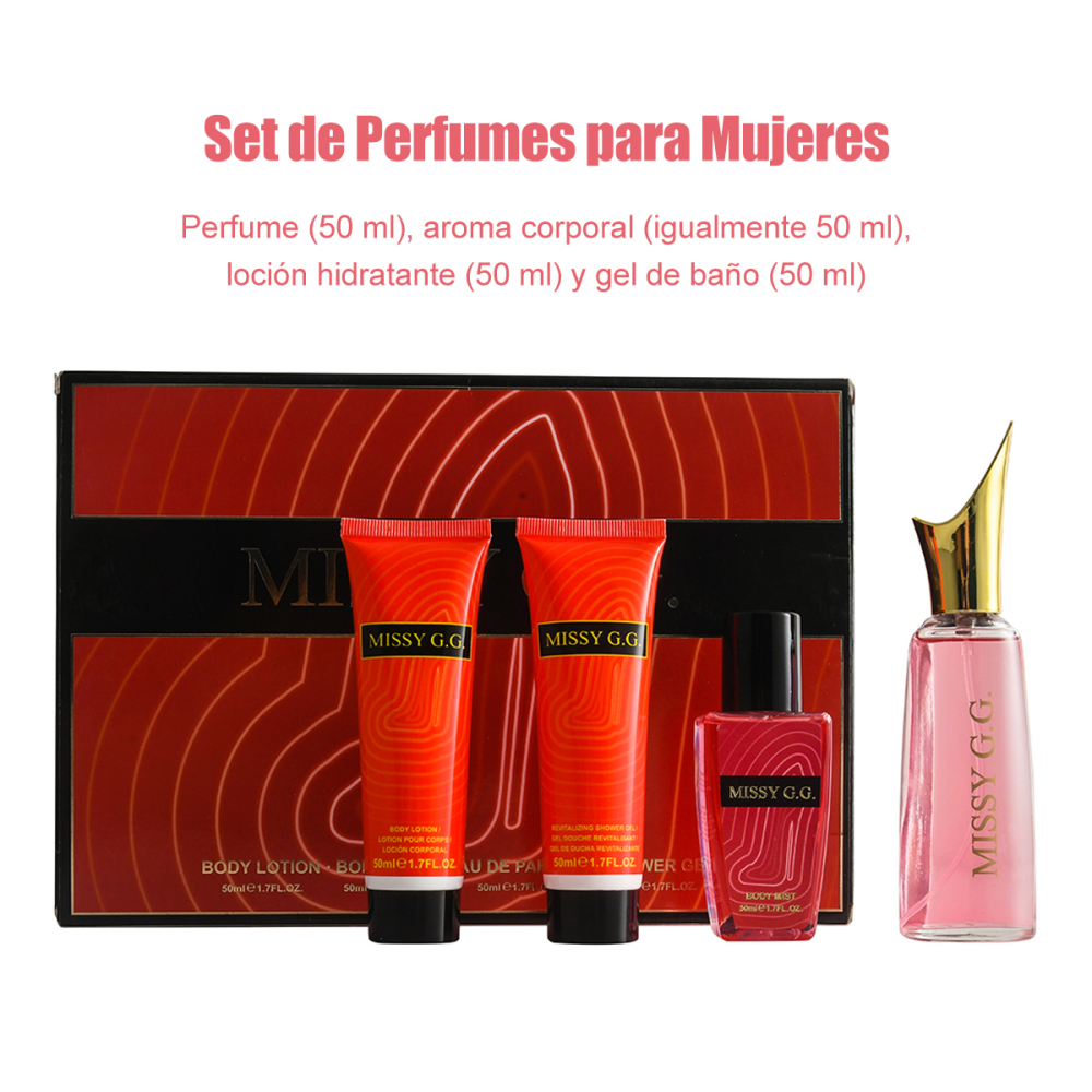 Set de regalo de perfumes con aroma floral y frutal: gel de baño 50ml, loción hidratante 50ml, atomizador corporal 50ml y perfume 50ml. Ideal para el uso diario de las mujeres y ocasiones especiales, y es un regalo perfecto para el Día de la Madre.