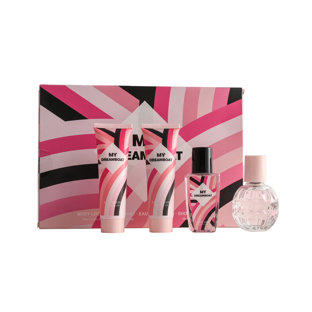 Mujer: Perfume 50 ml + Spray corporal 50 ml + Loción corporal 50 ml + Gel de ducha 50 ml