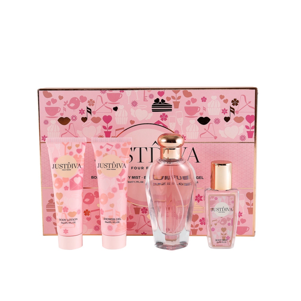 Mujer: Perfume 50 ml + Spray corporal 50 ml + Loción corporal 50 ml + Gel de ducha 50 ml