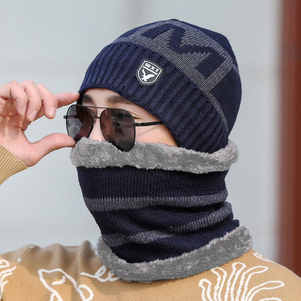 Sombrero de invierno tejido con forro térmico y cuello calentador, sombrero versátil y de moda de hombre para otoño-invierno