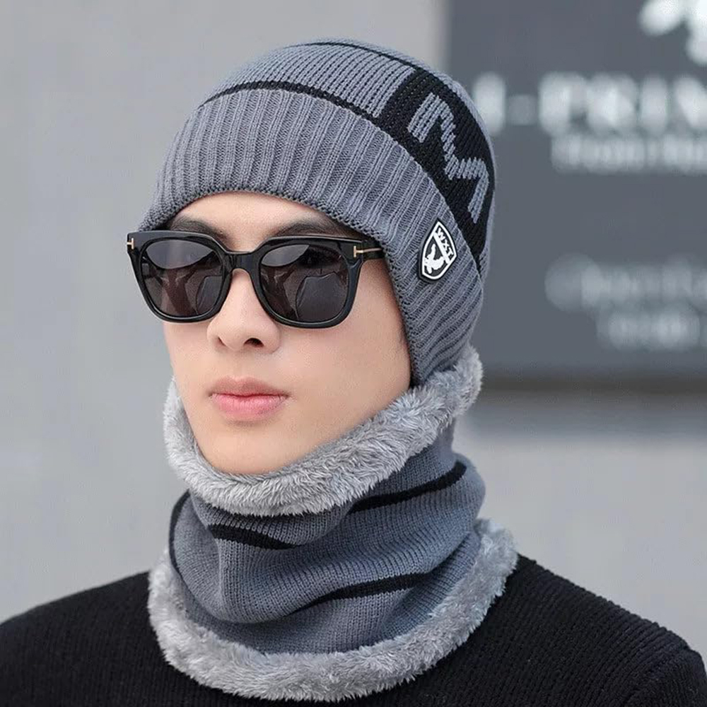 Sombrero de invierno tejido con forro térmico y cuello calentador, sombrero versátil y de moda de hombre para otoño-invierno