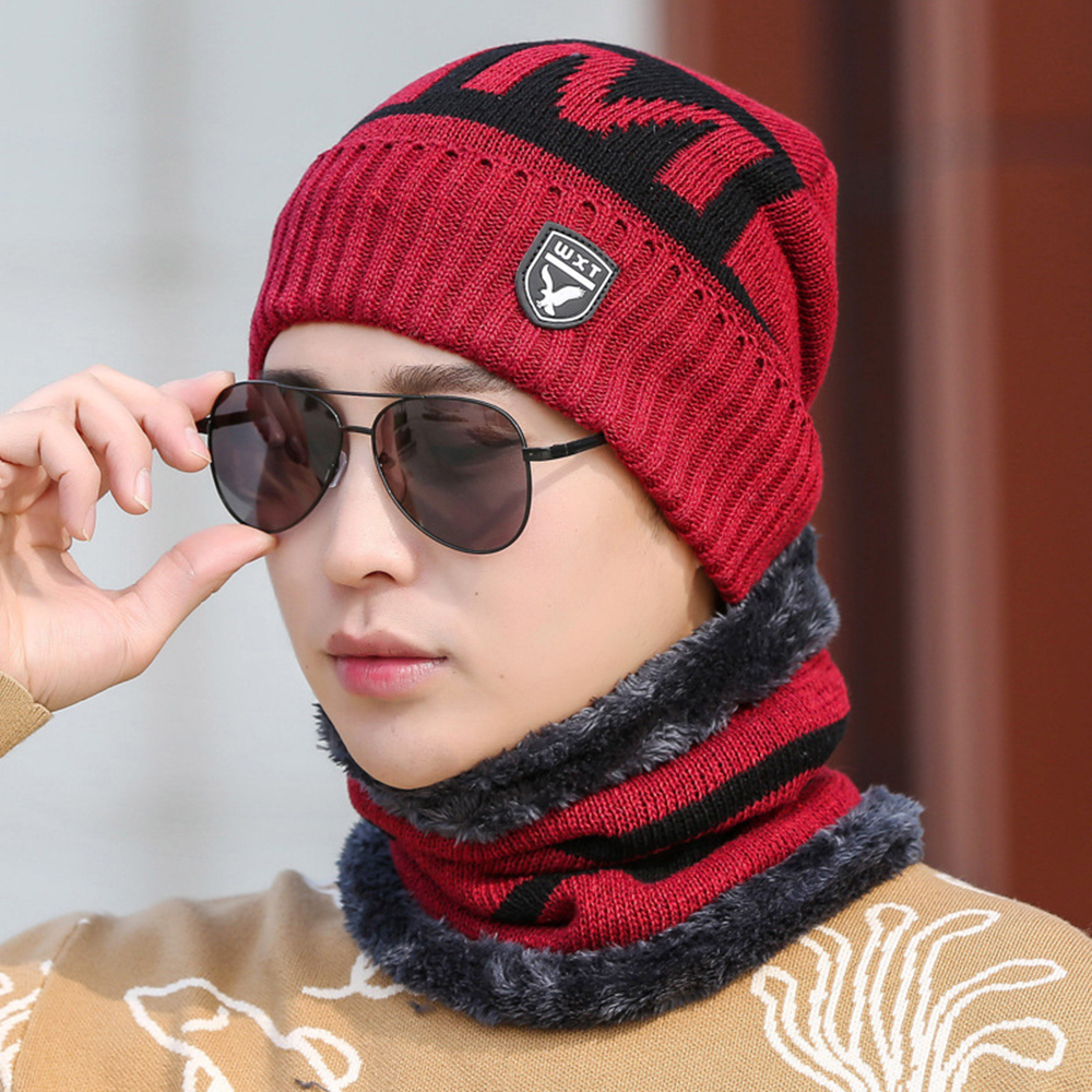 Sombrero de invierno tejido con forro térmico y cuello calentador, sombrero versátil y de moda de hombre para otoño-invierno