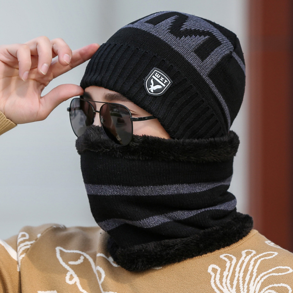 Sombrero de invierno tejido con forro térmico y cuello calentador, sombrero versátil y de moda de hombre para otoño-invierno