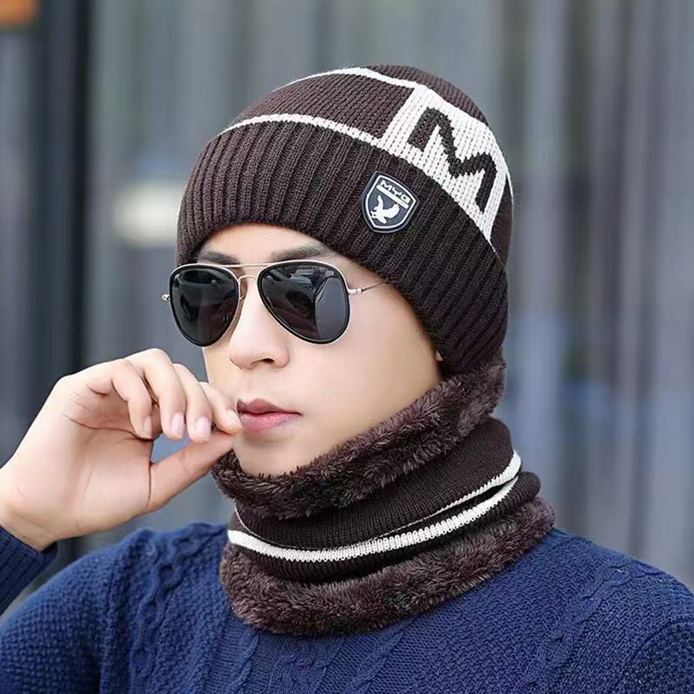 Sombrero de invierno tejido con forro térmico y cuello calentador, sombrero versátil y de moda de hombre para otoño-invierno
