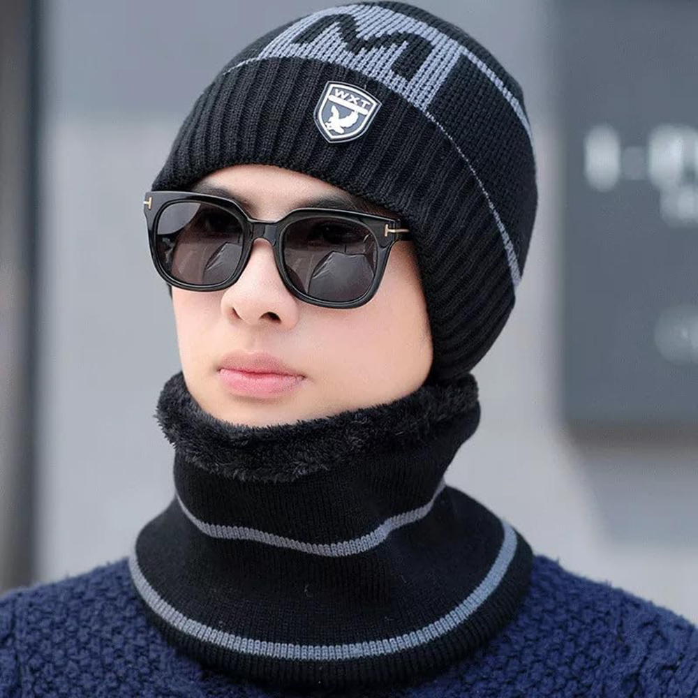 Sombrero de invierno tejido con forro térmico y cuello calentador, sombrero versátil y de moda de hombre para otoño-invierno