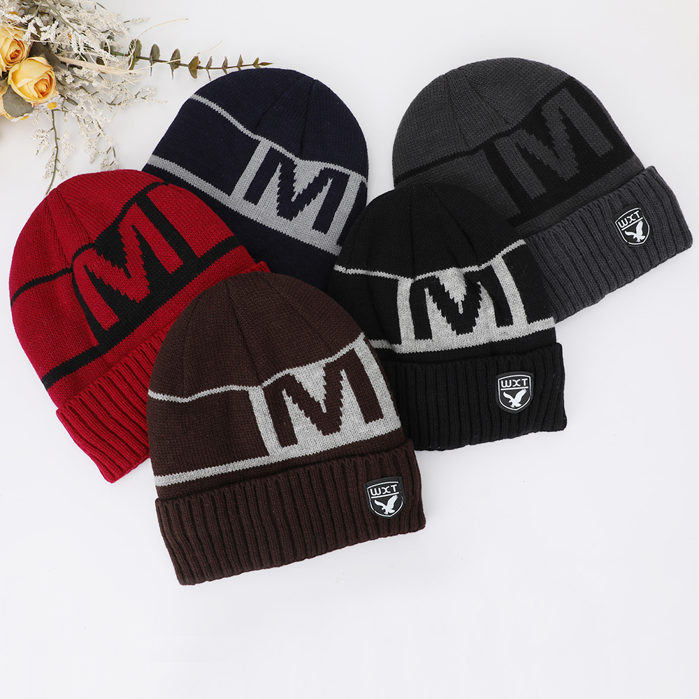 Sombrero de invierno tejido con forro térmico y cuello calentador, sombrero versátil y de moda de hombre para otoño-invierno
