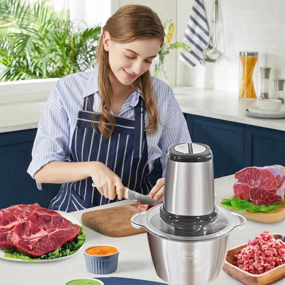 Máquina eléctrica para picar carne de 2L, trituradora eléctrica multifuncional de alimentos, con cuchillas afiladas de acero inoxidable, apta para carne/pescado/verduras/frutas, regalo ideal