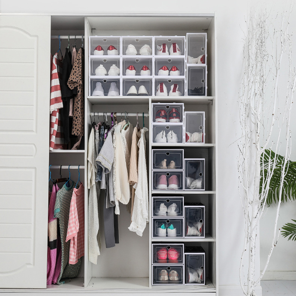 Caja de almacenamiento de zapatos apilable transparente, caja de zapatos de plástico, caja de almacenamiento de zapatos con tapa, vitrina de exhibición de zapatos deportivos apilable, adecuada para guardar zapatos y juguetes en el hogar