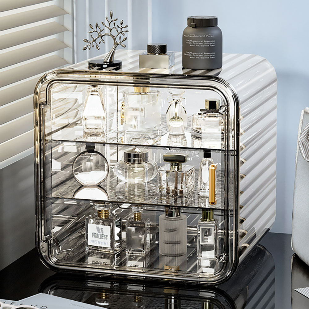 Soporte de perfume de cosméticos a prueba de polvo de la pantalla de almacenamiento de 3 capas