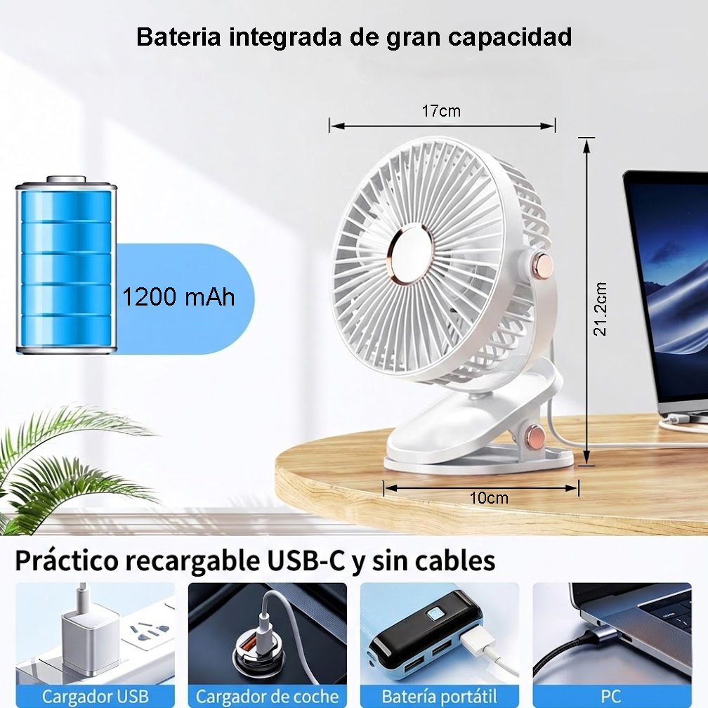 Ventilador Portátil USB con Clip y Luz LED Recargable 5 Velocidades