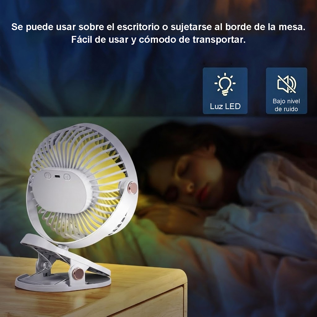 Ventilador Portátil USB con Clip y Luz LED Recargable 5 Velocidades