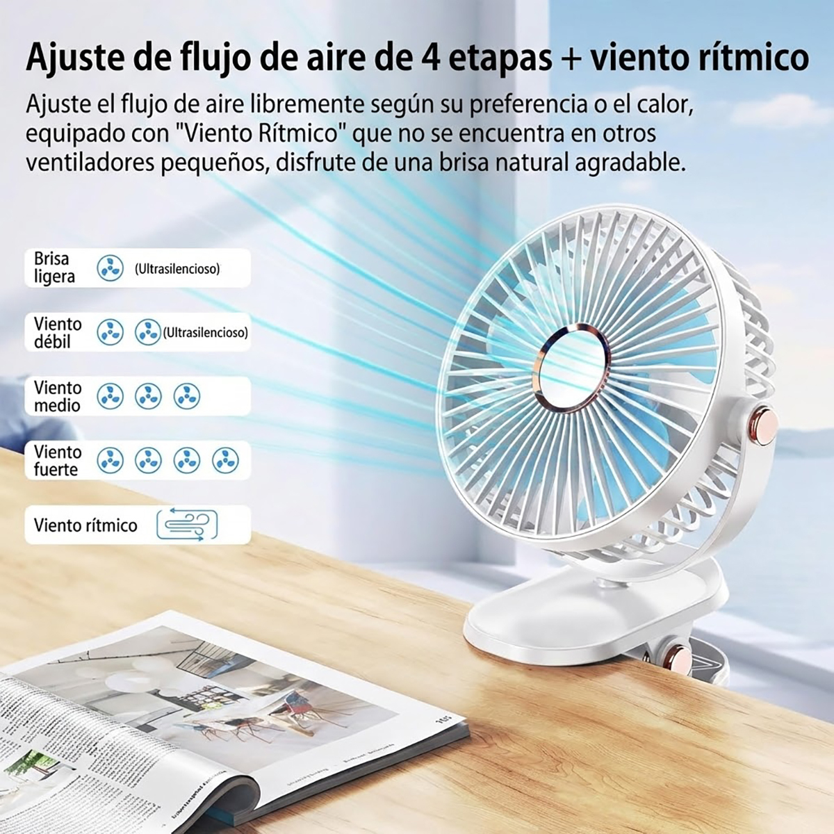 Ventilador Portátil USB con Clip y Luz LED Recargable 5 Velocidades
