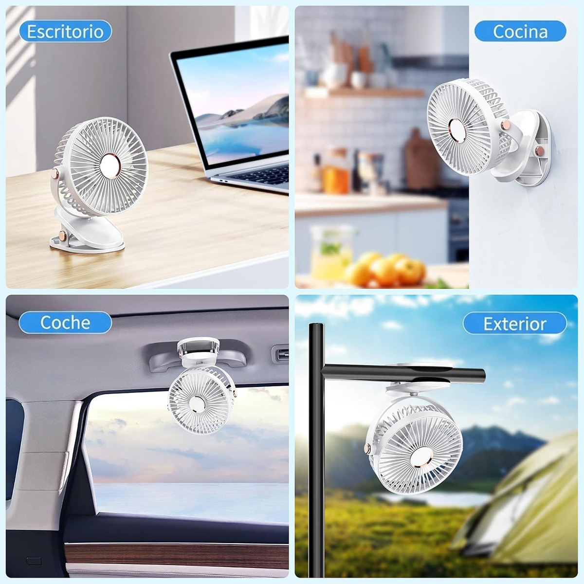 Ventilador Portátil USB con Clip y Luz LED Recargable 5 Velocidades