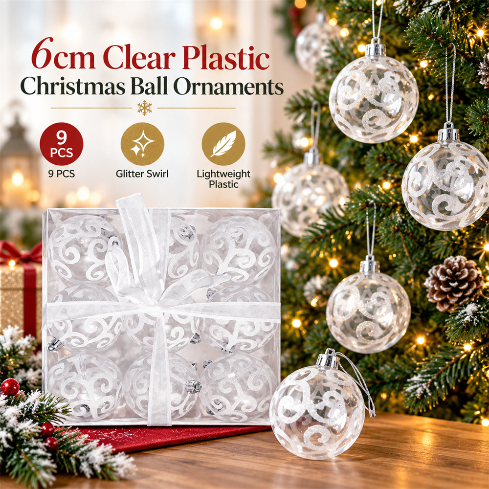 9Pcs 6cm Clear Plastic Christmas Ball Ornaments, Glitter Swirl Shatter-Resistant Hanging Baubles with Strings for Christmas Tree, Wreath, Garland & Holiday Decorations