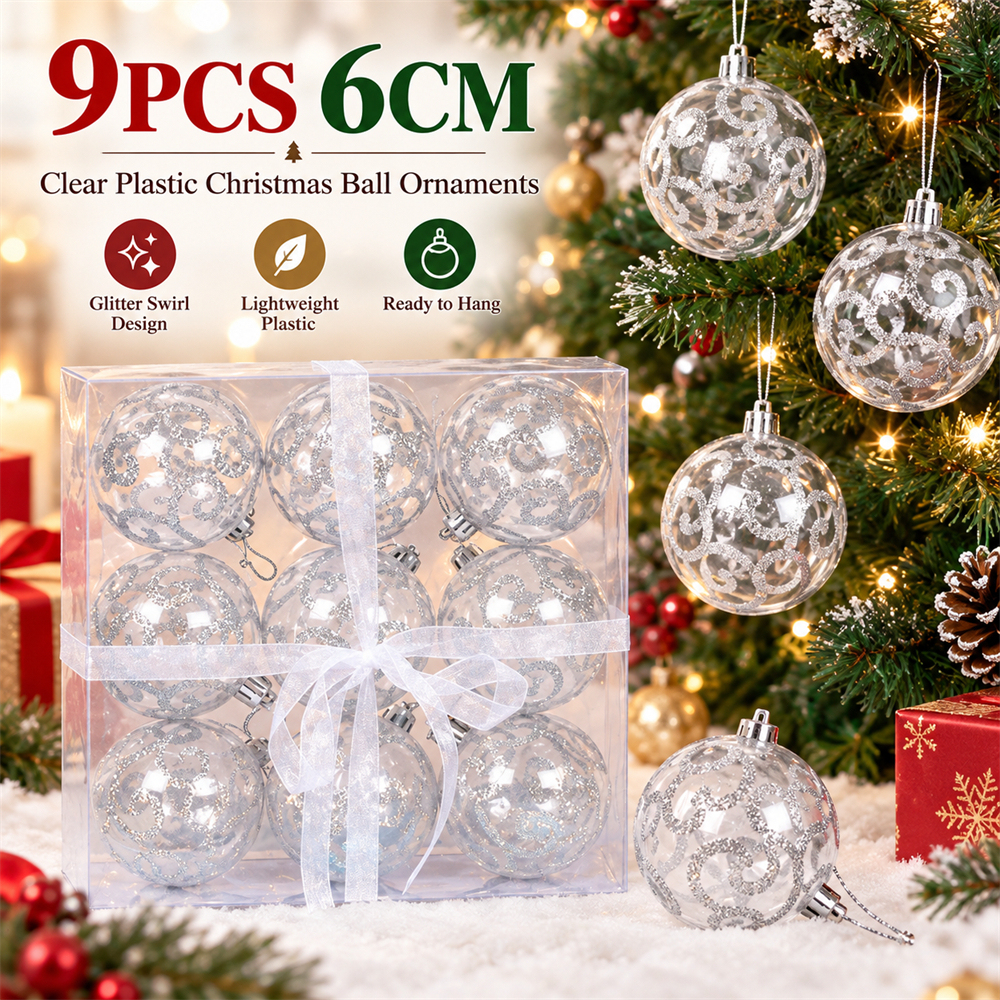 9Pcs 6cm Clear Plastic Christmas Ball Ornaments, Glitter Swirl Shatter-Resistant Hanging Baubles with Strings for Christmas Tree, Wreath, Garland & Holiday Decorations