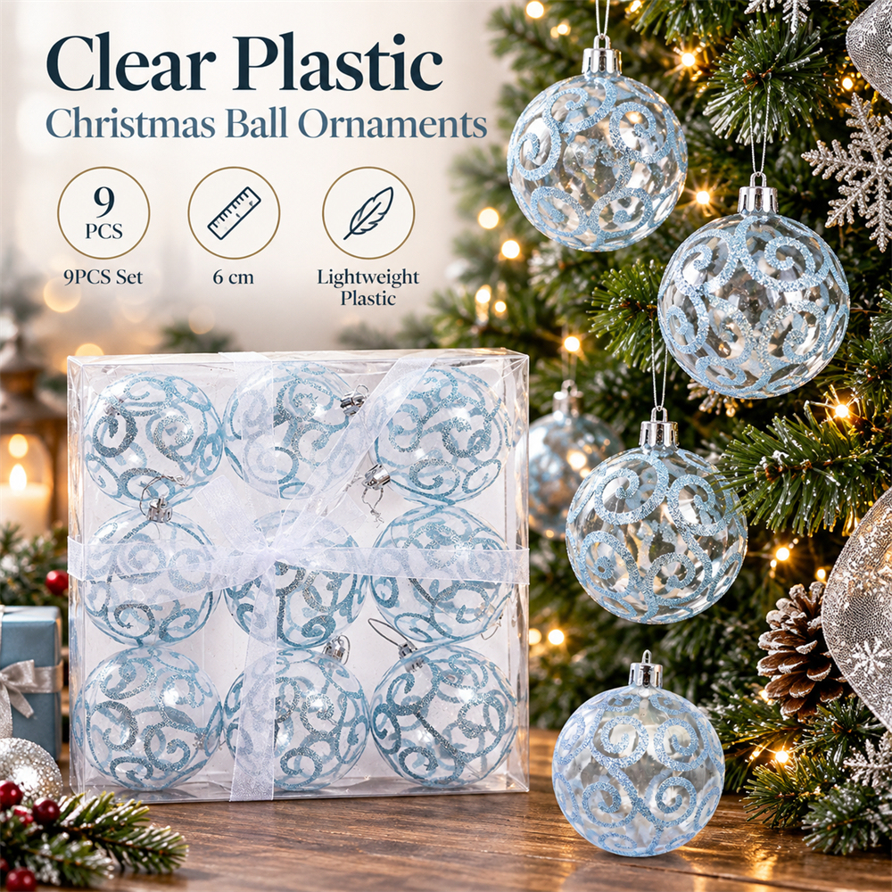 9Pcs 6cm Clear Plastic Christmas Ball Ornaments, Glitter Swirl Shatter-Resistant Hanging Baubles with Strings for Christmas Tree, Wreath, Garland & Holiday Decorations