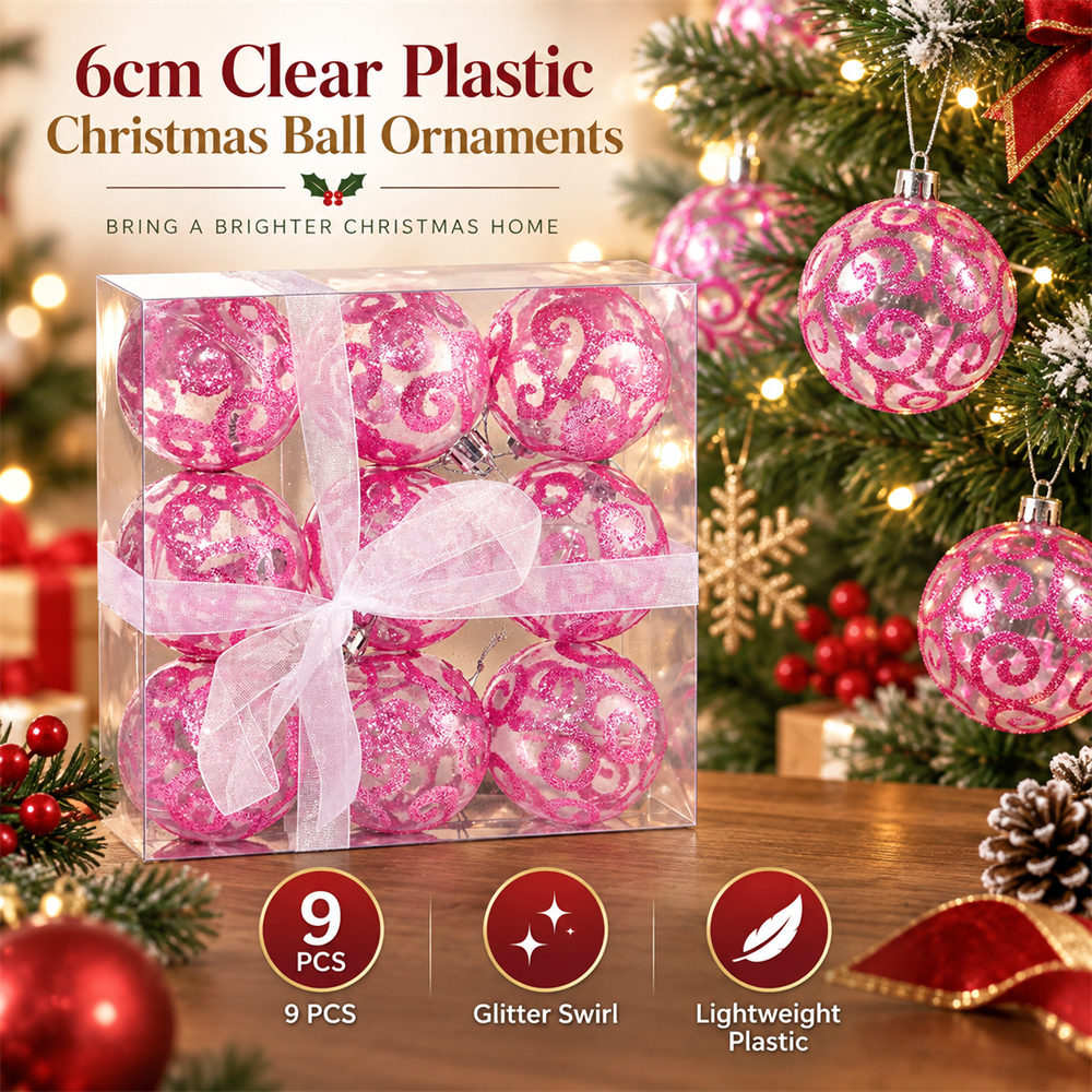 9Pcs 6cm Clear Plastic Christmas Ball Ornaments, Glitter Swirl Shatter-Resistant Hanging Baubles with Strings for Christmas Tree, Wreath, Garland & Holiday Decorations
